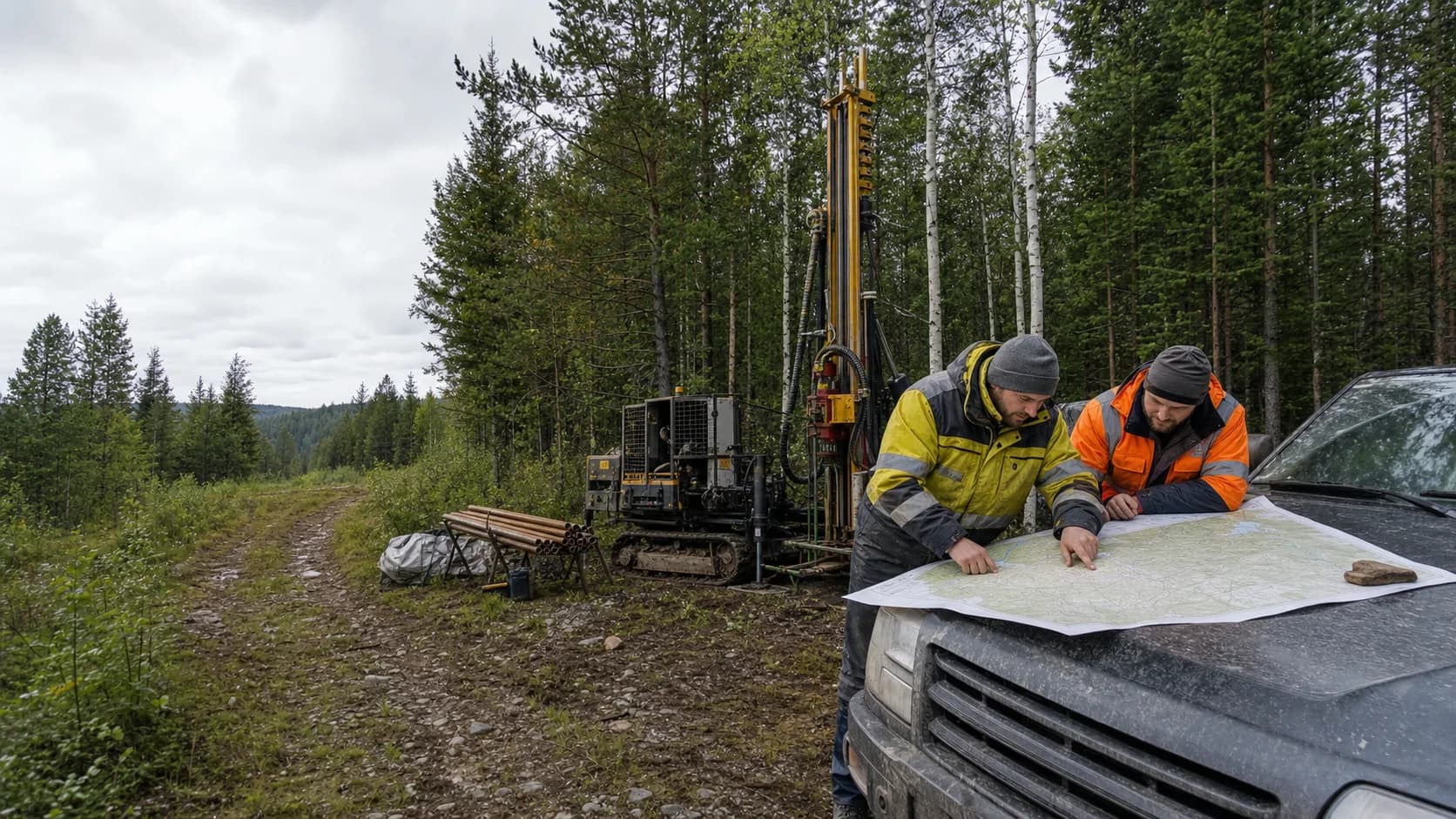 Геологи и буровая техника на участке в лесном фонде